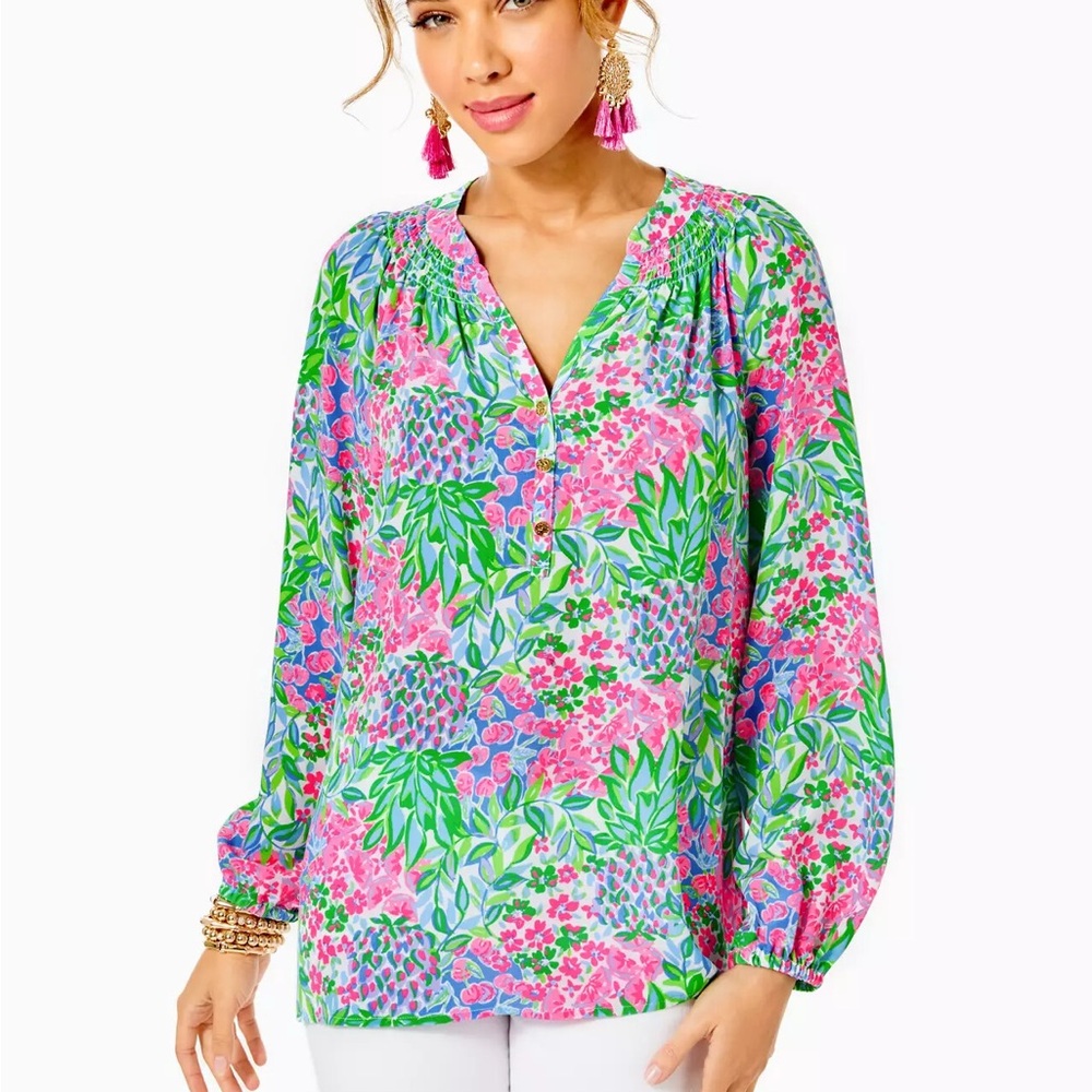 Lilly Pulitzer 100% Silk Elsa Blouse in A Cherry On Top | XL